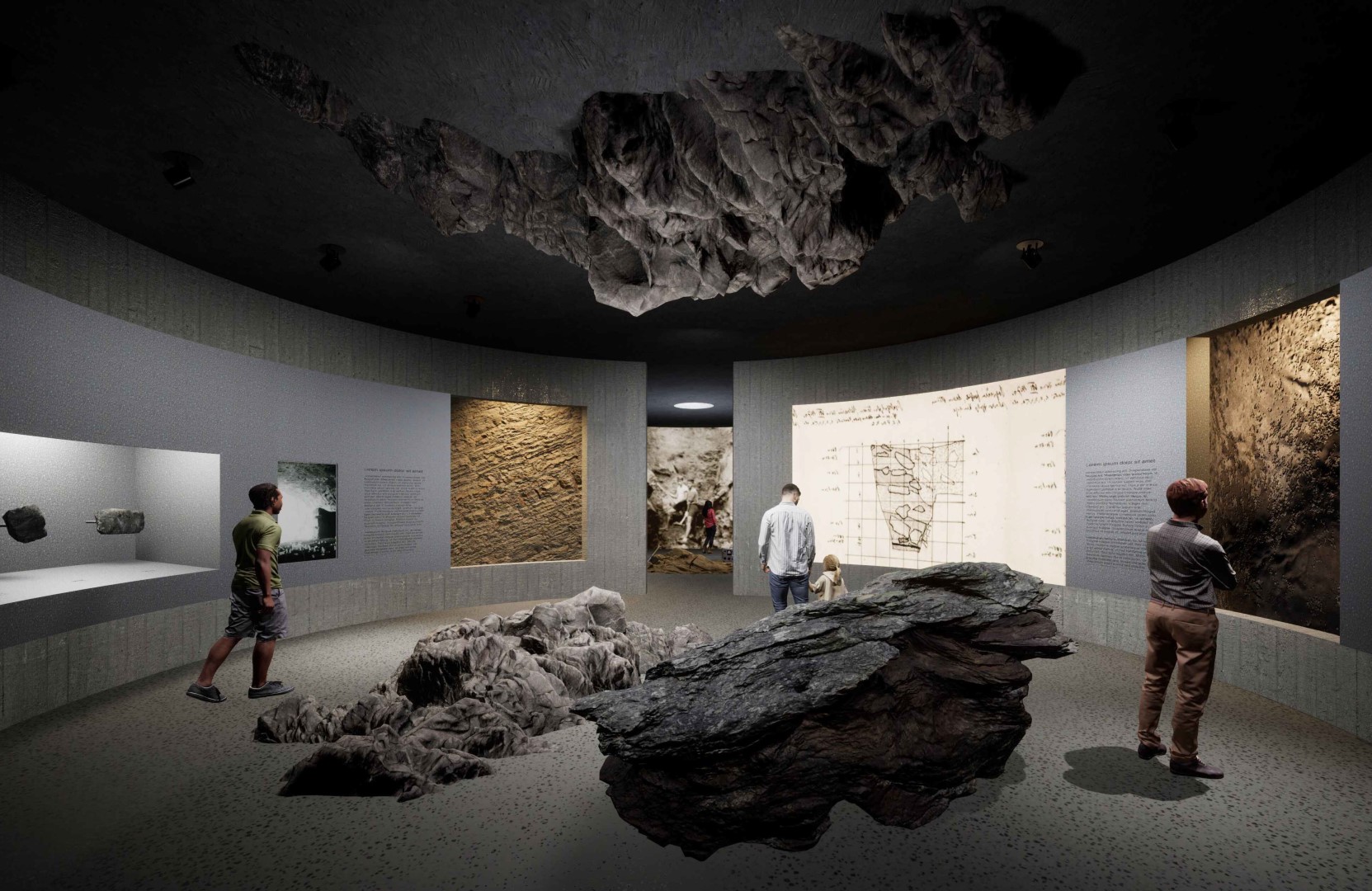 Idejno rješenje Interpretacijski centar Špilja Vindija, prva nagrada, autori Vanja Ilić arhitektura i produkt dizajn, Goran Josip Zmaić graf[1]